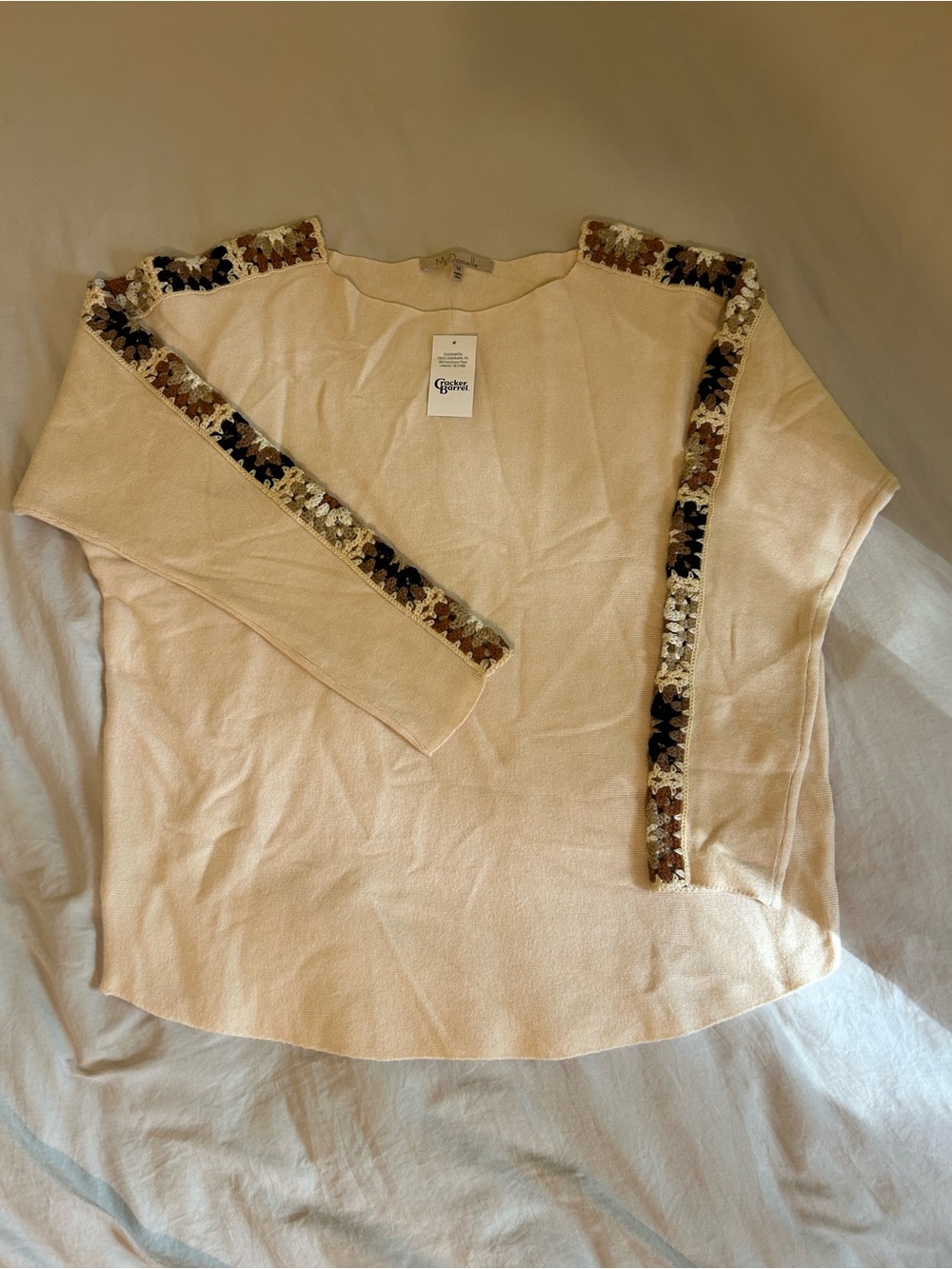NWT My Danielle Beige Knit Pullover Round Neck Crochet Accents M Cracker Barrel